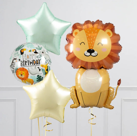 Happy birthday foil balloons featuring a cute lion, star shapes, and animal-themed round balloon