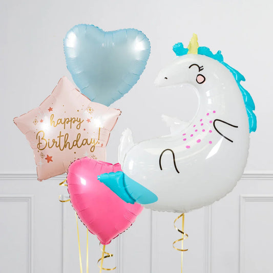 Birthday balloons bouquet with white unicorn, pink and blue heart balloons, and star balloon saying Happy Birthday